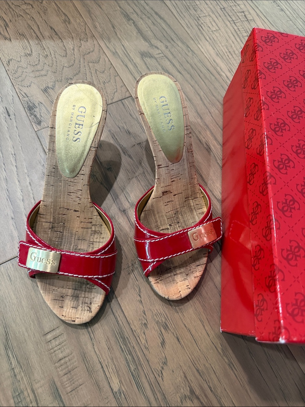 GUESS Red Patent Cork Slide Mules with Gold Accent